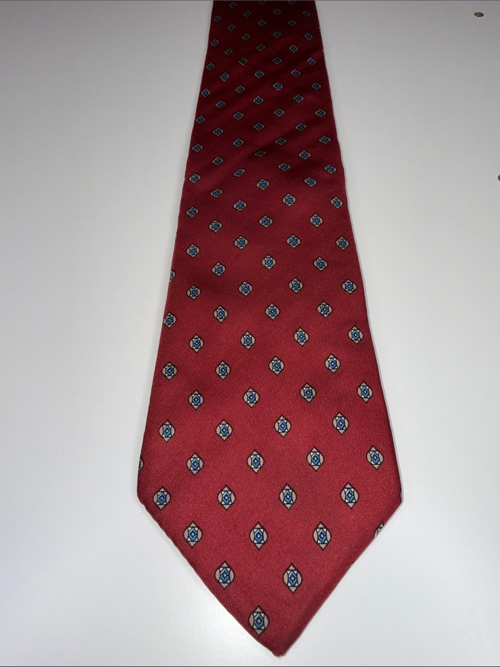 Hardy Amies Burgundy Tie with Blue Diamond Motif